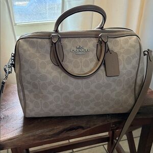 Coach Beige Signature Dome Satchel with Leather Trim